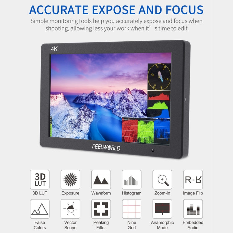 FEELWORLD T7 PLUS 7 inch 3D LUT DSLR Camera Field Monitor with Waveform 4K HDMI Aluminum Housing (Black) - free shipping - PMC TechLife - Order now!