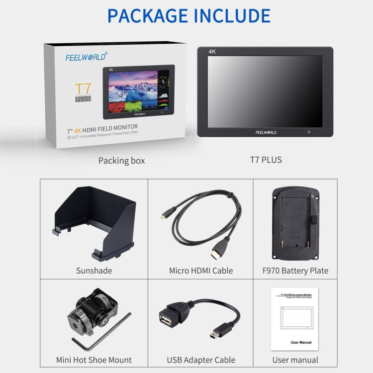 FEELWORLD T7 PLUS 7 inch 3D LUT DSLR Camera Field Monitor with Waveform 4K HDMI Aluminum Housing (Black) - free shipping - PMC TechLife - Order now!
