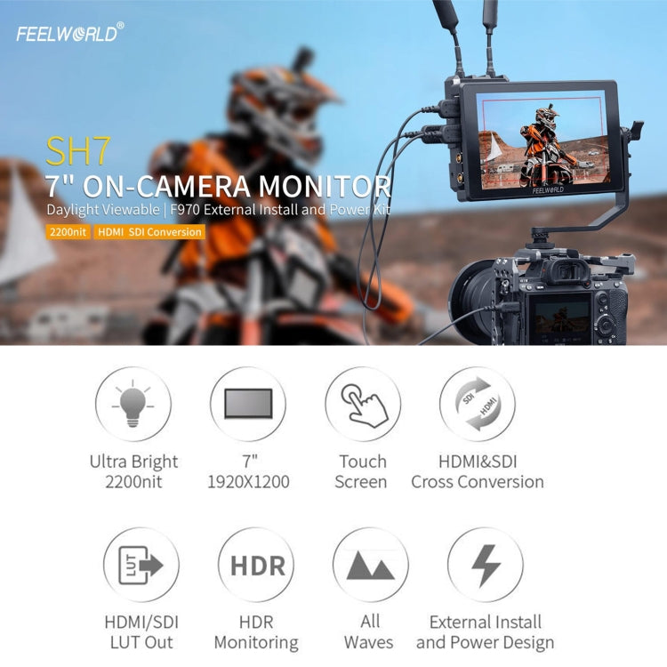 FEELWORLD SH7 7-inch Ultra Bright 2200nit On-camera Monitor SDI HDMI Cross Conversion (Black) - free shipping - PMC TechLife - Order now!