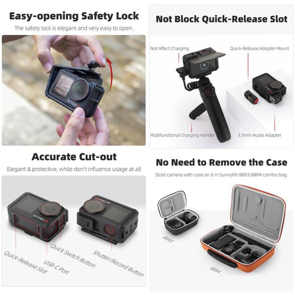 For DJI Osmo Action 5 Pro / 4 / 3 Sunnylife Protective Case Frame Mount Adapter Sun Hood Housing Case (Black)