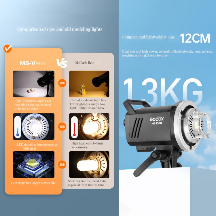 Godox MS300-V Studio Flash Light 300Ws Bowens Mount Strobe Light with Lamp Cover (UK Plug)