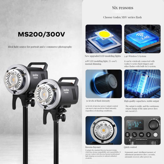 Godox MS200-V Studio Flash Light 200Ws Bowens Mount Strobe Light with Lamp Cover (EU Plug)