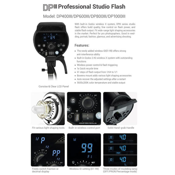 Godox DP400III Studio Flash Photo Light 400Ws 2.4G Wireless X System Bowens Mount Strobe Light, No Lamp Cover (US Plug)