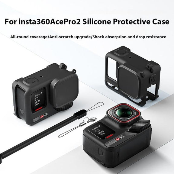 For Insta360 Ace Pro 2 Silicone Protective Case with Wrist Strap & Lens Cover (Black)