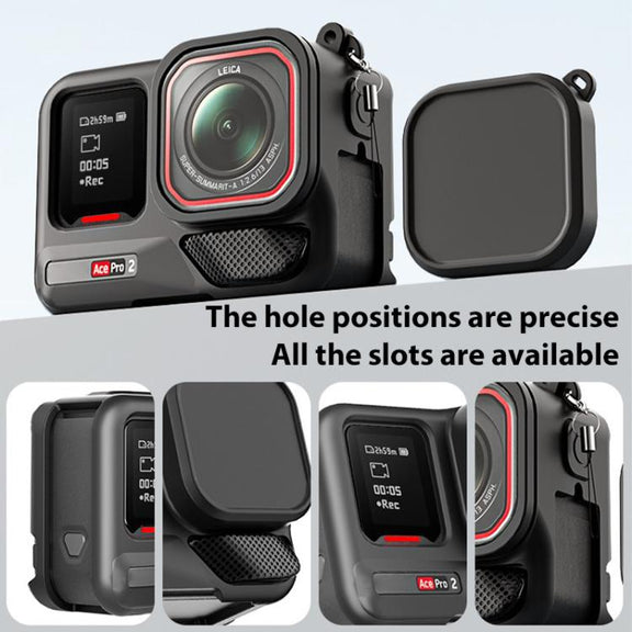 For Insta360 Ace Pro 2 Silicone Protective Case with Wrist Strap & Lens Cover (Black)