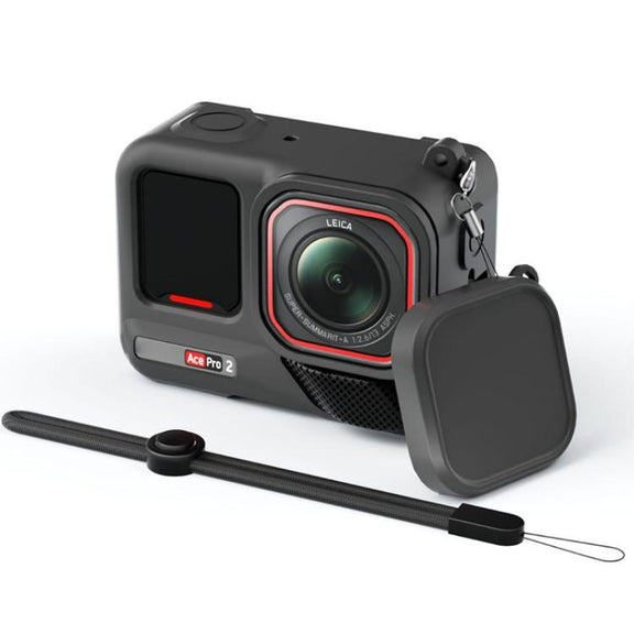 For Insta360 Ace Pro 2 Silicone Protective Case with Wrist Strap & Lens Cover (Black)