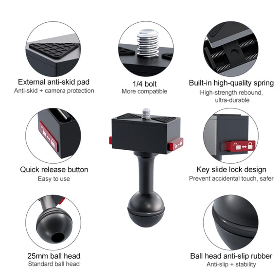 25mm Headball Metal Quick Release Base Adapter for GoPro, Insta360, DJI and Other Action Cameras (Black)