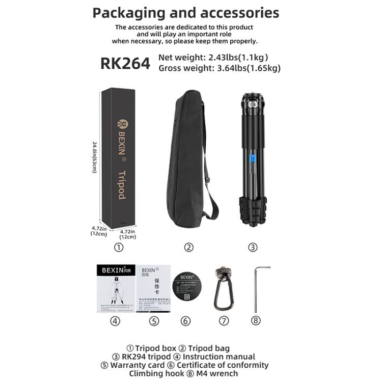 BEXIN RK264 Portable Collapsible Aluminum Alloy Camera Tripod (Black)
