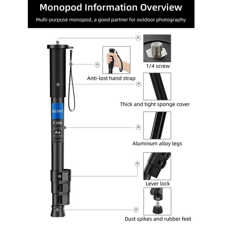 BEXIN P294B Portable Travel Outdoor DSLR Camera Aluminum Alloy Monopod Holder (Black) - free shipping - PMC TechLife - Order now!