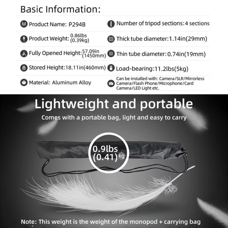 BEXIN P294B Portable Travel Outdoor DSLR Camera Aluminum Alloy Monopod Holder (Black) - free shipping - PMC TechLife - Order now!