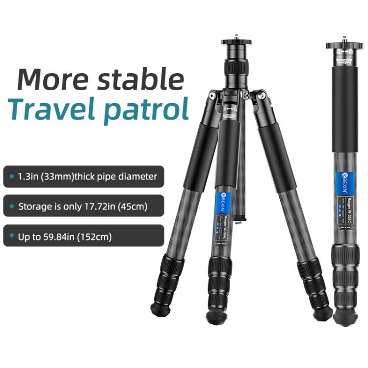 BEXIN W-334C Portable DSLR Camera 2 in 1 Carbon Fiber Tripod Detachable Monopod (Black)