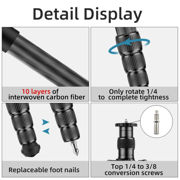BEXIN W-334C Portable DSLR Camera 2 in 1 Carbon Fiber Tripod Detachable Monopod (Black) - free shipping - PMC Jewellery - Order now!