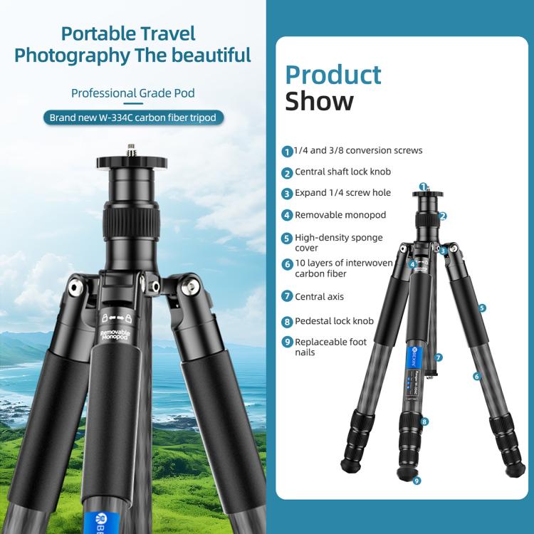 BEXIN W-334C Portable DSLR Camera 2 in 1 Carbon Fiber Tripod Detachable Monopod (Black) - free shipping - PMC Jewellery - Order now!