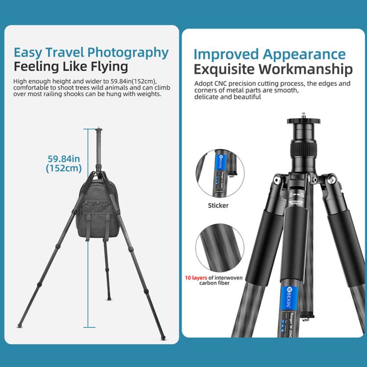 BEXIN W-334C Portable DSLR Camera 2 in 1 Carbon Fiber Tripod Detachable Monopod (Black) - free shipping - PMC Jewellery - Order now!