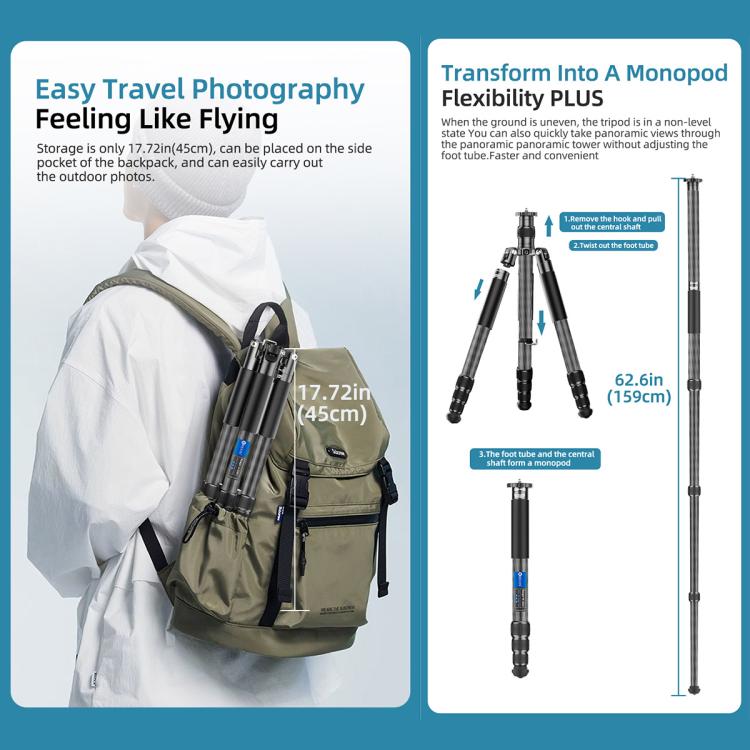 BEXIN W-334C Portable DSLR Camera 2 in 1 Carbon Fiber Tripod Detachable Monopod (Black) - free shipping - PMC Jewellery - Order now!