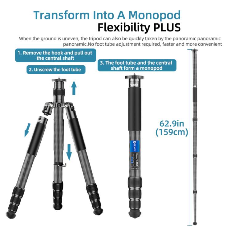 BEXIN W-334C Portable DSLR Camera 2 in 1 Carbon Fiber Tripod Detachable Monopod (Black) - free shipping - PMC Jewellery - Order now!