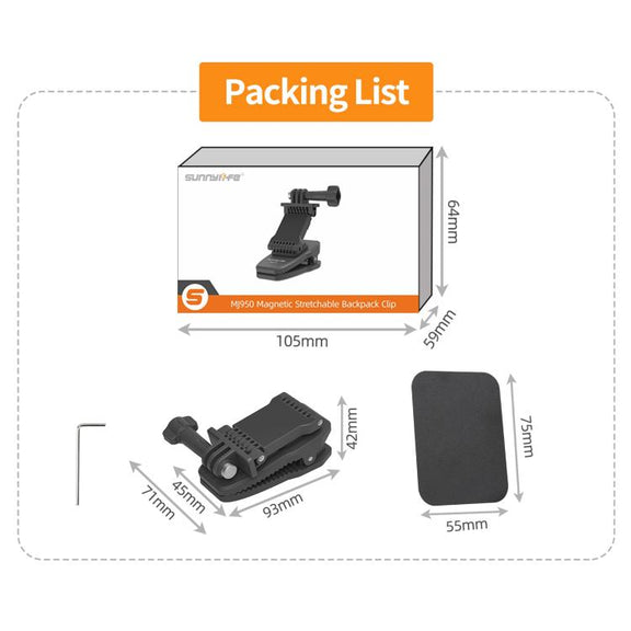 Sunnylife Stretchable Backpack Clip Rotatable Magnetic Mount Action Camera Holder Vlog Mount (Black)