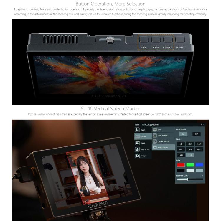 FEELWORLD P6X 5.5 inch Aluminium DSLR Camera Field Monitor Touch Screen 4K HDMI High Brightness 1000nit Monitor (Black)