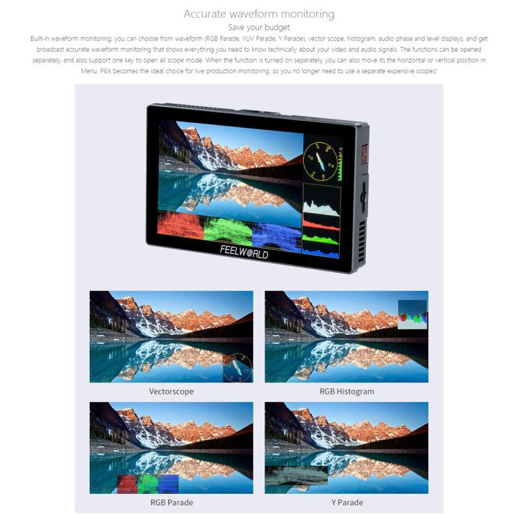 FEELWORLD P6X 5.5 inch Aluminium DSLR Camera Field Monitor Touch Screen 4K HDMI High Brightness 1000nit Monitor (Black)