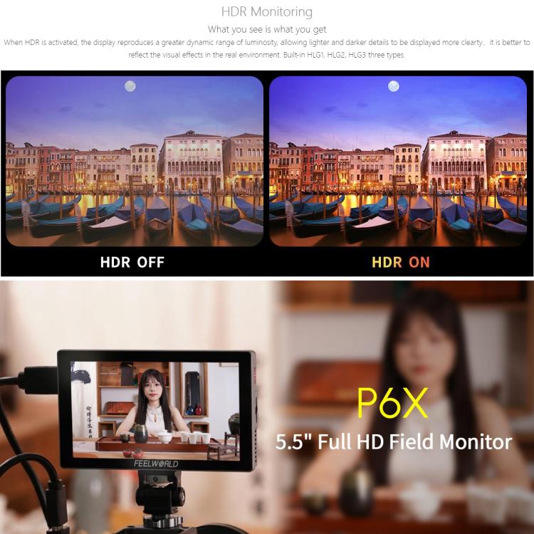 FEELWORLD P6X 5.5 inch Aluminium DSLR Camera Field Monitor Touch Screen 4K HDMI High Brightness 1000nit Monitor (Black)