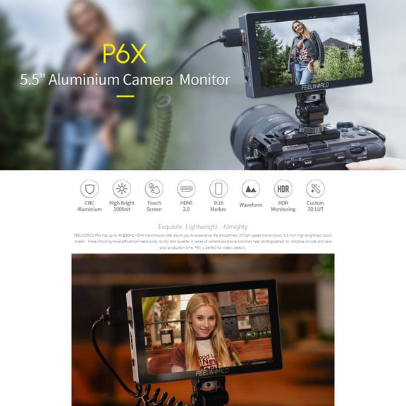 FEELWORLD P6X 5.5 inch Aluminium DSLR Camera Field Monitor Touch Screen 4K HDMI High Brightness 1000nit Monitor (Black)