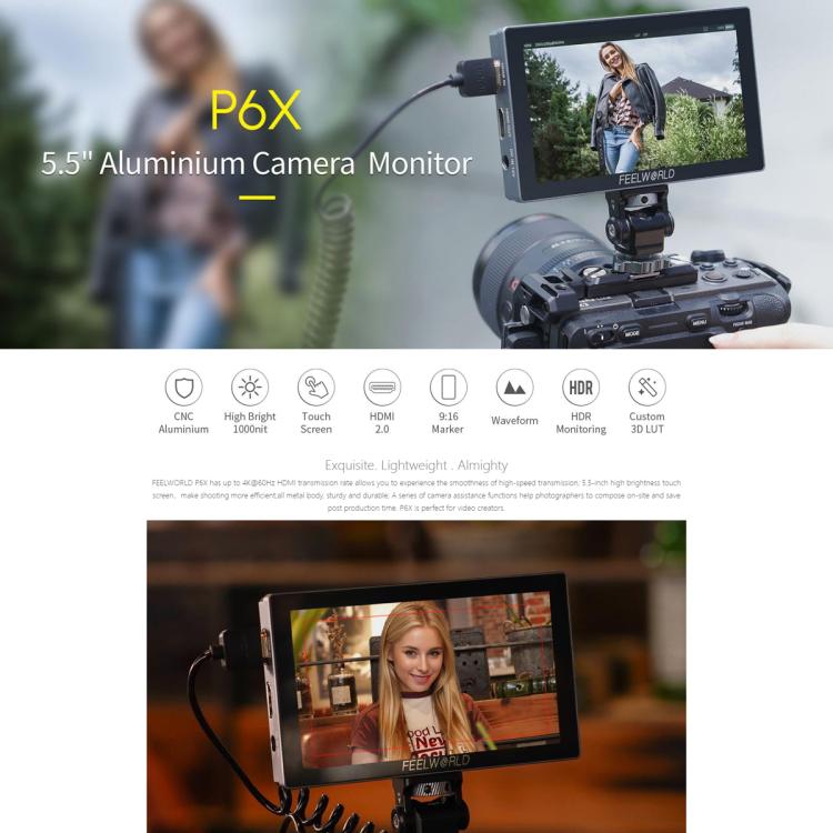 FEELWORLD P6X 5.5 inch Aluminium DSLR Camera Field Monitor Touch Screen 4K HDMI High Brightness 1000nit Monitor (Black)