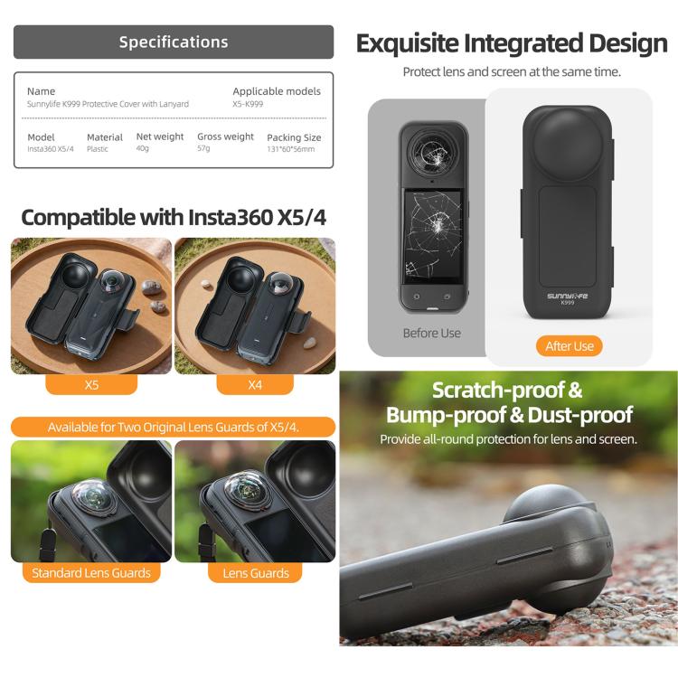For Insta360 X5 / X4 Sunnylife Integrated Lens Screen Protective Cover Camera Case with Strap (Black)