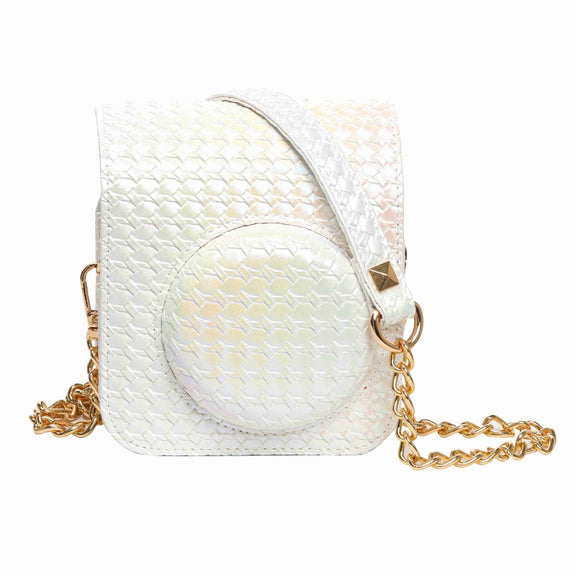 For FUJIFILM instax mini 12 Colorful Woven Leather Case Full Body Camera Bag + Photo Album with Strap (White)