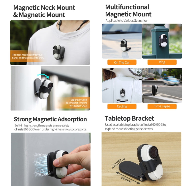 For Insta360 GO 3 Sunnylife Magnetic Neck Mount Chest Body Camera Necklace Lanyard POV Vlog Holder (Black) - free shipping - PMC TechLife - Order now!