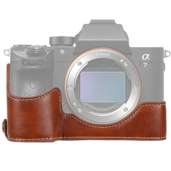 1/4 inch Thread PU Leather Camera Half Case Base for Sony ILCE-A9 / A9 / A7RIII(Brown)
