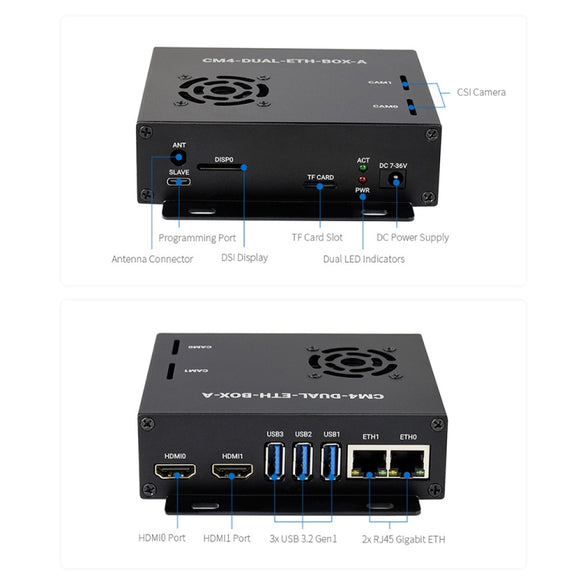 Waveshare Dual Gigabit Ethernet Mini-Computer with Metal Case & Cooling Fan for Raspberry Pi CM4(EU Plug)