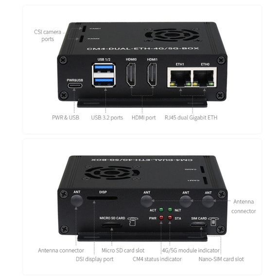 Waveshare Dual Gigabit Ethernet 5G/4G Computer Box with Cooling Fan for Raspberry Pi CM4(EU Plug)