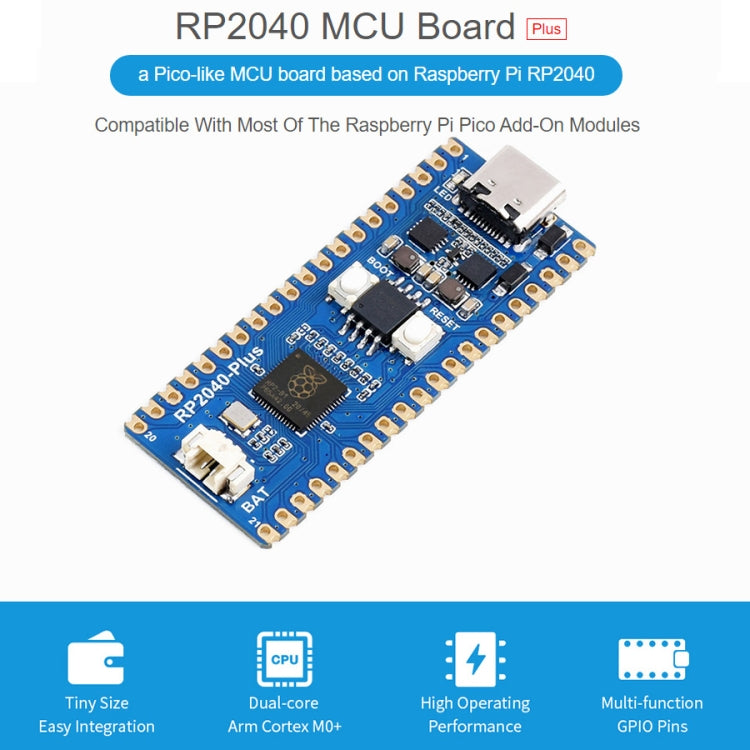 Waveshare RP2040-Plus Pico-like MCU Board Based on Raspberry Pi MCU RP2040, without Pinheader - free shipping - PMC TechLife - Order now!