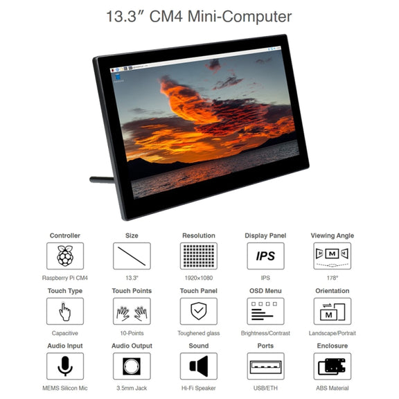 WAVESHARE Mini-Computer Powered by Raspberry Pi CM4 Touch Screen(US Plug)