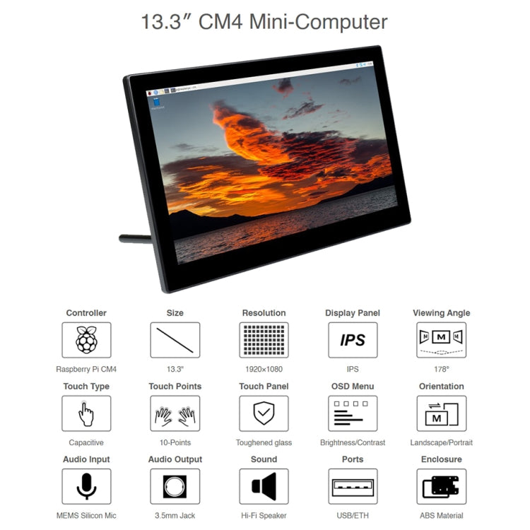WAVESHARE Mini-Computer Powered by Raspberry Pi CM4 Touch Screen(US Plug)