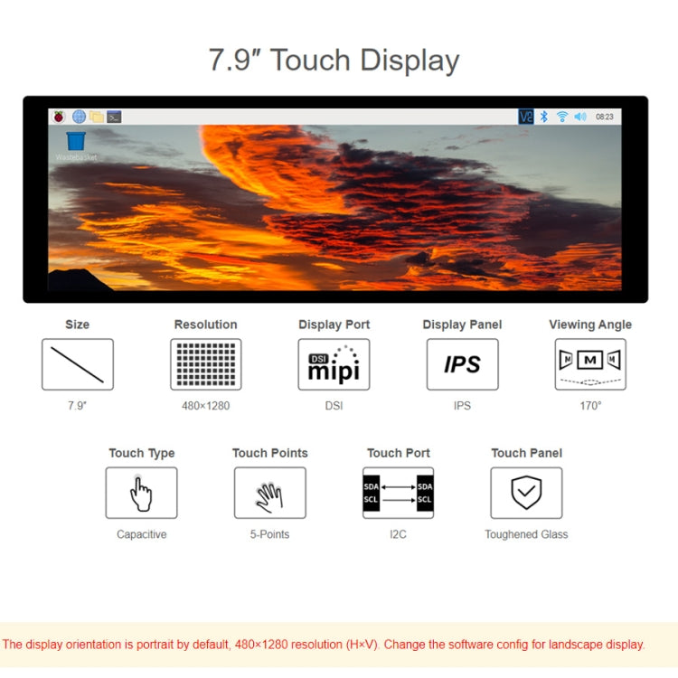WAVESHARE 7.9 inch Capacitive Touch Display For Raspberry Pi, 400 x 1280, IPS, DSI Interface - free shipping - PMC Jewellery - Order now!