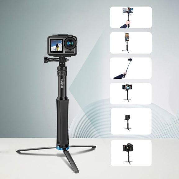 RUIGPRO One-piece Handheld Tripod Selfie Stick Telescopic Monopod Mount for GoPro, Insta360, DJI and Other Action Cameras(Black)