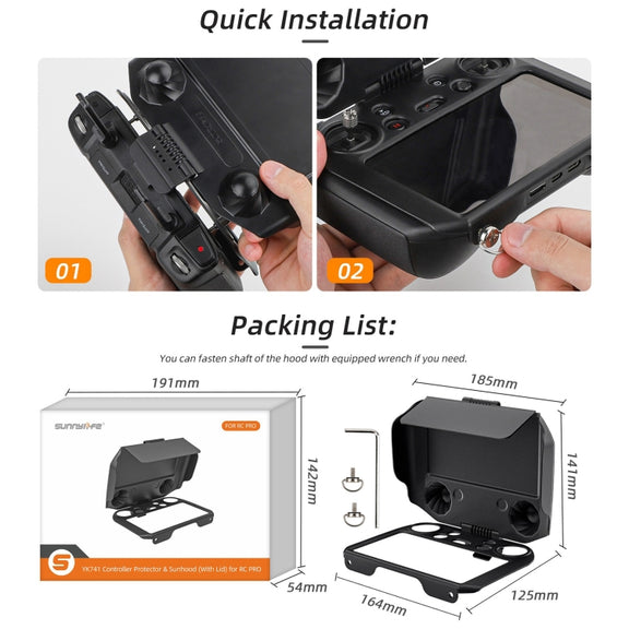 For DJI RC Pro Sunnylife 2 in 1 Controller Protector Sun Hood Screen Guard Monitor Sunshade Cover (Black)