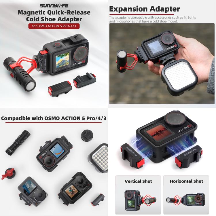 For DJI Osmo Action 5 Pro / 4 / 3 Sunnylife Foldable Magnetic Quick Release Mount + Magnetic Cold Shoe Adapter (Black)