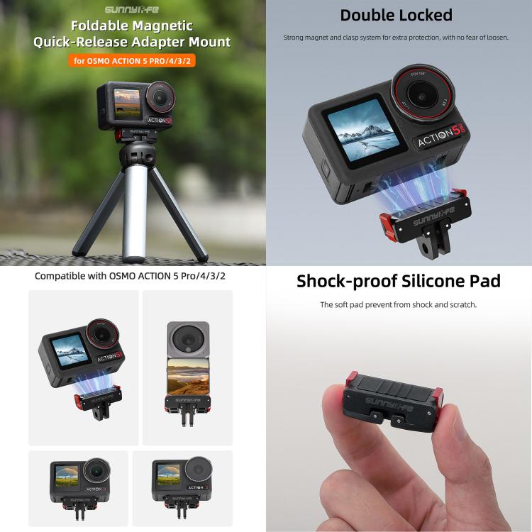 For DJI Osmo Action 5 Pro / 4 / 3 Sunnylife Foldable Magnetic Quick Release Mount + Magnetic Cold Shoe Adapter (Black)