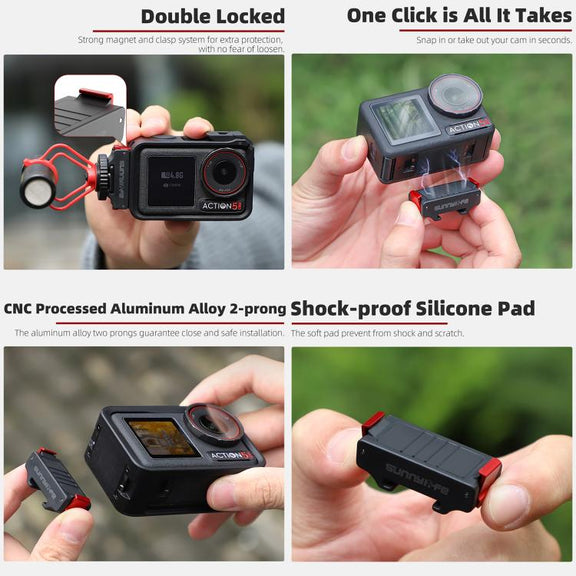 For DJI Osmo Action 5 Pro / 4 / 3 Sunnylife Foldable Magnetic Quick Release Mount + Magnetic Cold Shoe Adapter (Black)