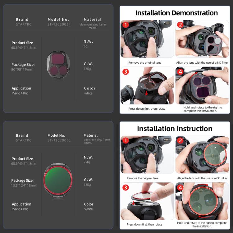 For DJI Mavic 4 Pro STARTRC 4 in 1 CPL ND8 ND32 ND64 Lens Filter Kit
