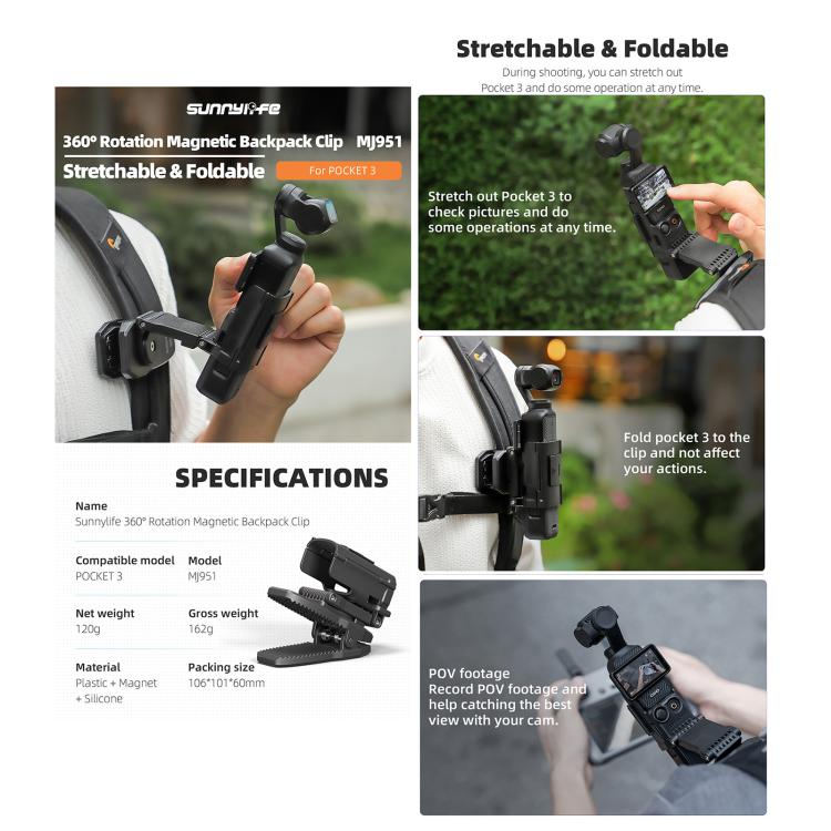 For DJI Osmo Pocket 3 Sunnylife Stretchable Backpack Clip Rotatable Magnetic Mount Action Camera Holder Vlog Mount (Black)