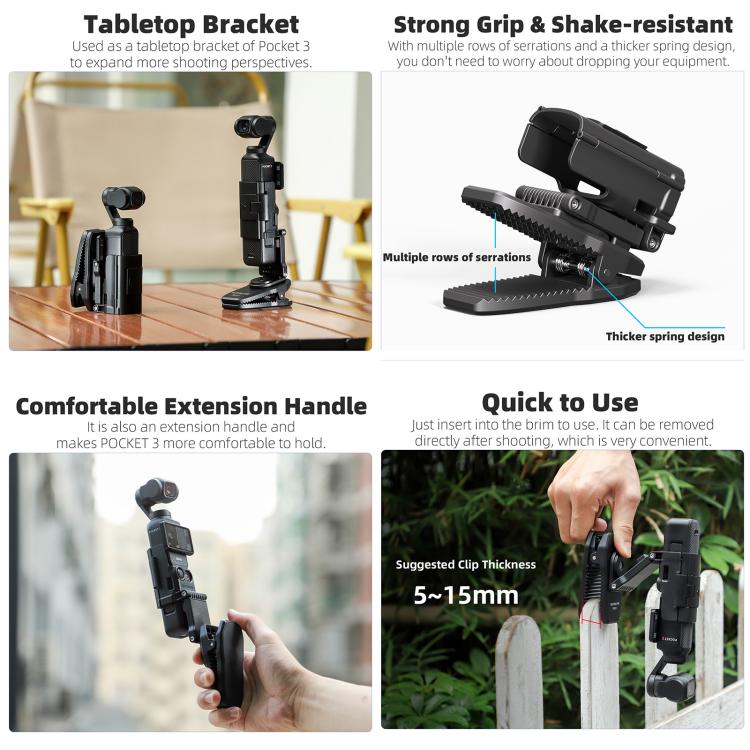 For DJI Osmo Pocket 3 Sunnylife Stretchable Backpack Clip Rotatable Magnetic Mount Action Camera Holder Vlog Mount (Black)