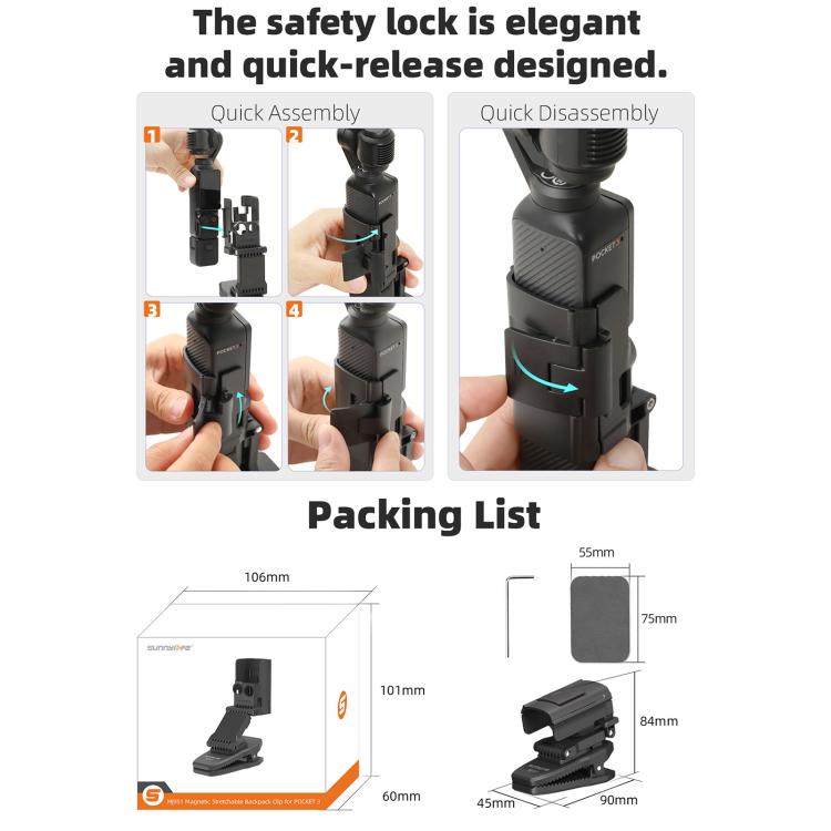 For DJI Osmo Pocket 3 Sunnylife Stretchable Backpack Clip Rotatable Magnetic Mount Action Camera Holder Vlog Mount (Black)