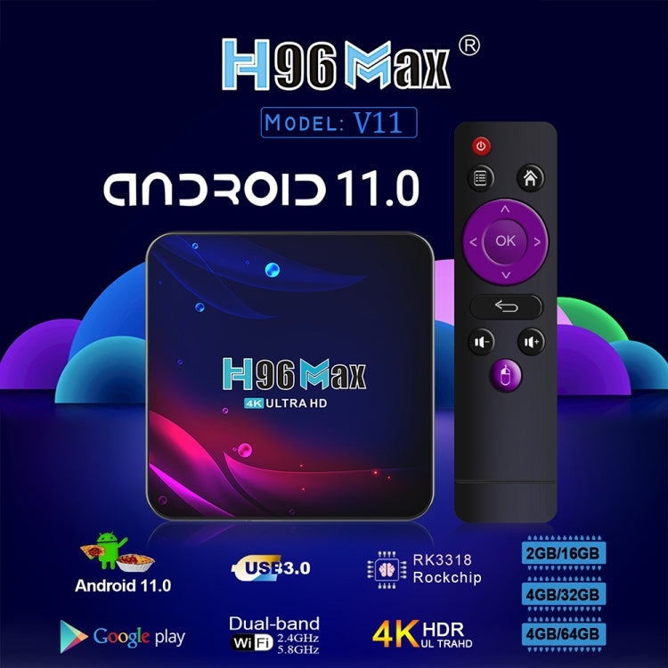 H96 Max V11 4K Smart TV BOX Android 11.0 Media Player with Remote Control, RK3318 Quad-Core 64bit Cortex-A53, RAM: 4GB, ROM: 64GB, Support Dual Band WiFi, Bluetooth, Ethernet, EU Plug - RK3318 by PMC TechLife | Online Shopping South Africa | PMC TechLife | Buy Now Pay Later Mobicred
