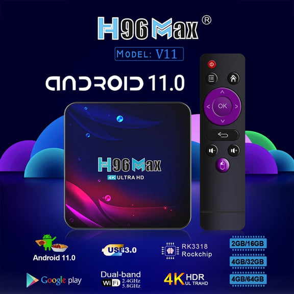 H96 Max V11 4K Smart TV BOX Android 11.0 Media Player with Remote Control, RK3318 Quad-Core 64bit Cortex-A53, RAM: 4GB, ROM: 64GB, Support Dual Band WiFi, Bluetooth, Ethernet, EU Plug