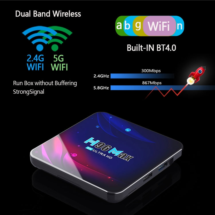 H96 Max V11 4K Smart TV BOX Android 11.0 Media Player with Remote Control, RK3318 Quad-Core 64bit Cortex-A53, RAM: 4GB, ROM: 64GB, Support Dual Band WiFi, Bluetooth, Ethernet, EU Plug
