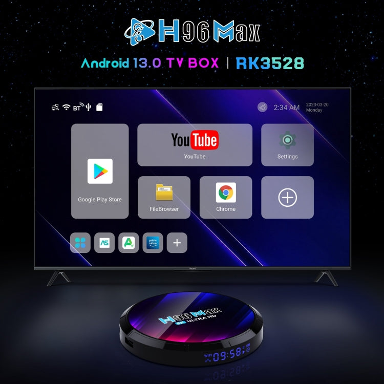 H96 Max 8K Ultra HD Smart TV Box Android 13.0 Media Player with Remote Control, RK3528 Quad-Core, 4GB+32GB(EU Plug)