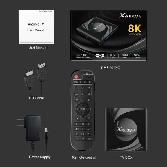 X88 Pro 13 Android 13.0 Smart TV Box with Remote Control, RK3528 Quad-Core, 4G+32GB(US Plug)